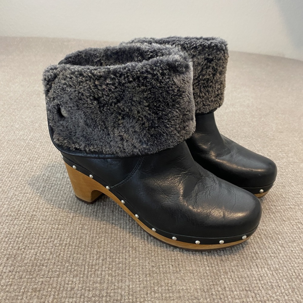 UGG Booties Womens Size 7 Black Leather Shearling Clog Wood Heel Fur Cuff 10017